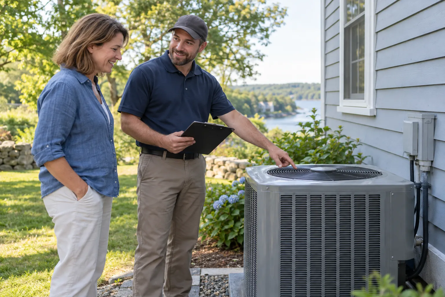 A homeowner and an HVAC provider reviewing an air conditioner outside a home in Albany